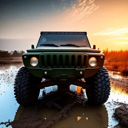 hyperrealistic shot, muddy aggressive military toy truck, monotone color palette, sharp focus, puddle reflection, tire water splash, refraction, mist on the horizon, sunset, rocks background, detailed and intricate, cinematic composition, micro, tilt shift photography