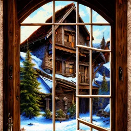 Old cozy wooden window Alpine style old colours drawings