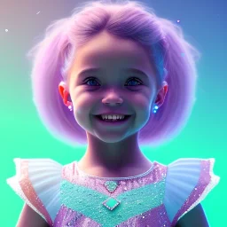 A portrait of a crystalised little girl,smiling, longs hairs, atmospheric, realistic,, cinematic lighting, octane render,, pink turquoise light