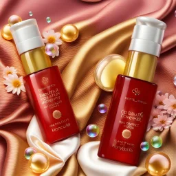 two cosmetics bottles are on a silk fabric, behind a beautiful floral spring floral background, the picture is top view, in the background there are beautiful soap bubbles, molecules and honeycombs, high-quality picture, top view