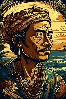 labuan bajo portrait in vector art style, 3 colour, detailed and intricated objects, comic book style, editorial illustration, digital painting, dramatic lighting