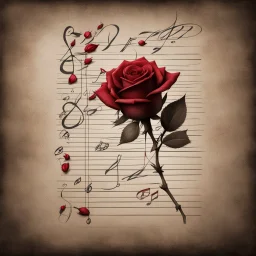 Hyper realistic sketch of a small red rose & musical notes on a vintage paper on side with dark background