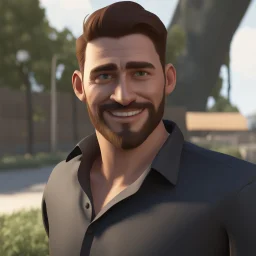 a portrait of smiling man. handsome dutch man. caricature. undercut hair. dark brown hair. fair skin. oblong face shape. 3/4 view. stubble beard. black formal shirt. pixar style. 3D. 4k. portrait. highly detailed. sharp focus. high resolution. full color. cinema lighting