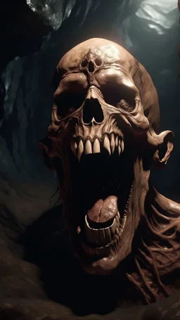 An evil creature with skull covered with thick layer of dark brown corrosion , open his mouth wide screaming no teeth , and standing in front of a dark cave, Bosch painting style , of a nightmare , hyper photorealistic, hyper detailed dark , high resolution, fog, octane render, tilt shift, 8k ,