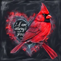 Bing: a vibrant digital chalk sketch painting featuring a double exposure image of a beautiful majestic red cardinal, ultra-detailed, within the body of the cardinal is a heart with the words "I AM ALWAYS WITH YOU" in a beautiful script