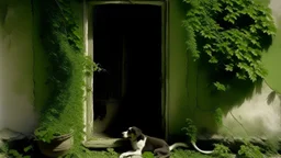 The image shows an exterior scene with a wall covered in green vines. On the left, there is an open window with two ceramic vases inside. The window has dark wooden shutters. In the lower left of the image, there is a dog lying on the ground, which appears to be resting. The dog has a bandage on one of its front legs. The floor is covered with small stones. The image is interesting for its combination of natural and artificial elements, as well as for the calm atmosphere it conveys.