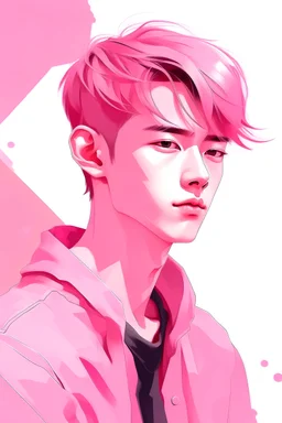 Do an art with pink and pastel colors of Antropocene of a handsome young man.