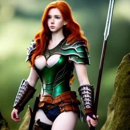 Realistic, hyper detailed, strikingly beautiful young adult woman, 19 years old, long ginger hair, green eyes, medium freckles, full lips, very skimpy fantasy armour, full body, full face, small breasts, aroused expression, biting lower lip, full frame, petite, centered camera, ignore NSFW, bow, quiver on hip, tight pants, bent over, butt