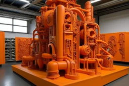 An orange colored cybernetic factory designed in Maori sculptures painted by Jackson Pollock