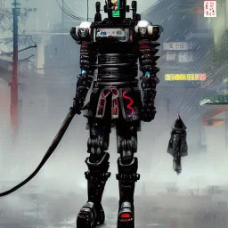 portrait of a Robot samurai, Japanese cyber style, art by Yoji Shinkawa, artist, cold ambient, rain, fog, latex, cables, purpurin, black, decorative color lights, neon style, led lights, fog, rain, vibrant color, highly detailed, art stations, concept art, smooth, unreal engine 5, god rays, ray tracing, RTX, lumen lighting, ultra detail, volumetric lighting, 3d, finely drawn, high definition, high resolution.