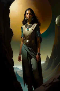 1970's dark fantasy cover dnd style oil painting of mia kalifa in a minimalist far perspective.