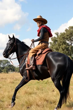 A monkey with cow boy custom riding a Great Dane black as a horse