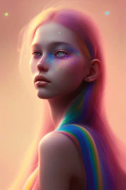 girl, cute, beautiful, long hair, rainbow hair, rainbows, close up portrait by Greg Rutkowski, eyes closed