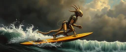 master oil painting by Rembrandt, viggo sandvik as insane eel wild ginger robot on surfboard, goa trance glitch poster