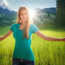 gorgeous young Swiss girl standing in green field, mountain, sun, wearing blue shirt over, open arms, realistic eyes, unreal engine, photograph, realistic skin texture, photorealistic, hyper realism, highly detailed, 85mm portrait photography