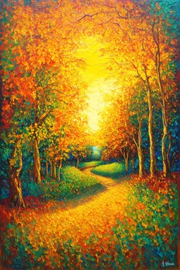 Primordial Mind; Lowbrow Post-Impressionist painting inspired by Hundertwasser and Van Gogh; Golden Hour; Exquisitely Detailed; Fall Foliage and Evergreen Palette