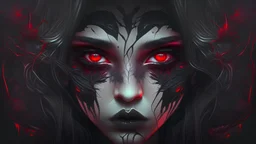 goth girl face, futuristic, cosmic, intricate, dark red eyes, ominous, nature, plants, hair open on her face