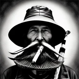 pencil Black and white Portrait of old fishermen sitting on a chair ,long beard, smoke coming out wooden tobacco pipe ,wearing a bucket hat, fantasy 8k by Van Gogh