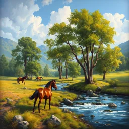 Oil painting of landscape with trees, horses and river. Ultra quality, hyper detailed, work of art