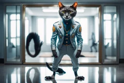 full body portrait of humanoid weasel shiny yoga cat crow air captain racer semi transparent hypnotic kind eyes in front of mirror