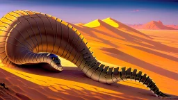 In the desert in the dunes a large sandworm full screen