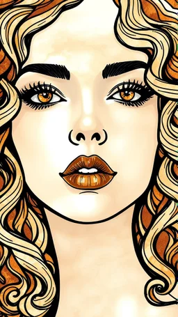 A beautiful women face abstract pattern using a palette of mother of pearl, rosewood, burnt amber fine line draw style s beautiful curly hair