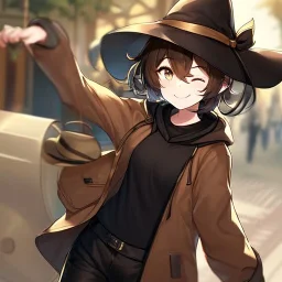 Clear focus, High resolution, short brown spiky hair, hair between eyes, eyes closed, wearing a brown detective hat, wearing a brown jacket and a black shirt, wearing black shorts, 1girl, pulling hat down, smiling, wearing a oversized hoodie