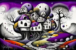 whimsical, weird ball-like houses in weird whimsical landscape, futur-surreal vibe with abstractions, around surreal cracked painted weird land with dark purple, gray, black, white, brown, and deep colors. style of Chagall , of Minjae Lee and Tim Burton, absurd beauty picture. weird bizarre absurd, nightmare, big neuron network background and thin bridges, surreal cinematic vibe
