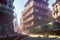 Elevated Train pass+train corner building+colorful genoa street+Italian medieval town+Italian city sea+alphonse mucha, greg rutkowski,matte painting, cryengine, hyper detailed, felix kelly, fantasy art, seb mckinnon