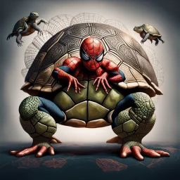 Fhoto full body, reality, Raw, spiderman in animal turtle, digital art, with text "addie", intricate details, powerful composition, captivating, , trending on artstation, sharp focus, studio photo, intricate details, highly detailed, by addie_digi