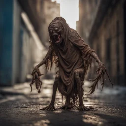 Extreme grandiose and cinematic photo in realistic colors (sparks around) ((Rare parasite creature Holding a membranous cocoon)) dirty realistic metal ragged clothes, dynamic pose and expression, in the city ally of ancient tales, high lighting, intricate, 8k, macro photography,