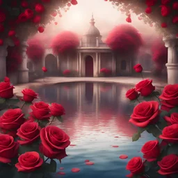 Background Romantic place with water and roses in red tones