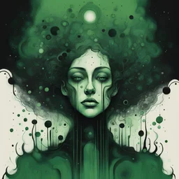 Negotiating dream frequencies, ink illustration, Green and black color scheme, unsettling