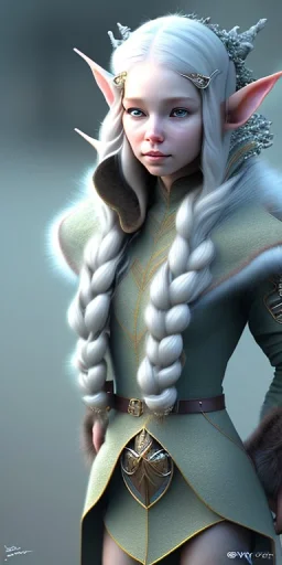 Cute and adorable femal elven adventurer with ultradetailed small elven ears dressed in a warm overcoat with survival gear, with adorable symmetric face and boots, in style of Cedric Peyravernay Art, anthropomorphic --ar 2:3 --beta --upbeta --upbeta