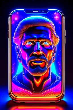 a 3d male face coming out of a realistic iphone 14 screen, inspired by Tim Hildebrandt, futuristic, glowing, sci-fi digital art illustration, stefan koidl inspired