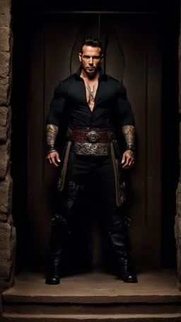 Jason David Frank Very muscular man with short hair and tribal tattoos piercings wearing an open necked shirt and black jacket dark fantasy standing in a doorway