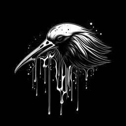 hand drawn black and white logo of a bird, dripping blood over black background