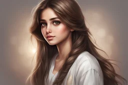 Create a captivating digital art piece featuring a cute girl in casual Pakistani attire, with her big grey eyes and a stylish long brown hair radiating charm."
