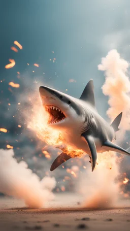 shark stunt man explosion and fall, smoke and blitz, bokeh like f/0.8, tilt-shift lens 8k, high detail, smooth render, down-light, unreal engine, prize winning