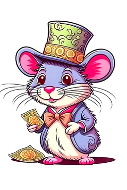 a mouse with a fancy hat holding money, cartoon artstyle