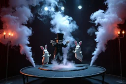 ai magic show presentation wow effect smoke bunnies awesome awesome magician with scary hat on trampoline portal awake within a dream