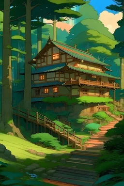 a japanese house in a forest, ghibli style