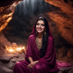 Hyper Realistic Photographic Outside View Of A Gorgeous Pashto Girl (Wearing Simple Burgundy Colored Dress & Wearing Plain Pink Dupatta On Her Neck) Happily Sitting & Smiling Boldy In A Cave & Showing Her Long Black Hair With Big Golden Crystals, With Heavy Rain Outside Cave At Dark Night Showing Dramatic & Cinematic Ambiance.