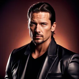 portrait of a 35 year old Handsome, smart gang boss with lightly tanned skin. medium length brown hair slicked back and a goatee beard. smirking. photorealistic