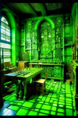A lime green cybernetic workshop designed in ancient Roman mosaics painted by Albrecht Durer
