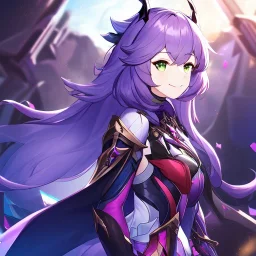 Clear focus,High resolution,High quality, Smiling, Purple long fluffy hair, Green eyes, Wearing a pink mech uniform, Honkai Impact Star Rail