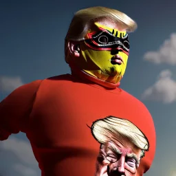 realistic image of donald trump as a mexican wrestling fighter posing, Mexican eyes wrestling mask, small mesh bodysuit, retro style, 80s, vibrant color, highly detailed, sky background, concept art, unreal engine 5, god rays, ray tracing, RTX, lumen lighting, ultra detail, volumetric lighting, 3d, finely drawn, high definition, high resolution.