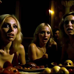 Horror movie shot, spooky, hot, ultra realistic, dine, horns, ultra realistic hot blonde women, party, pieces of meat, organs, ail, dynamic, very excited people, hypermaximalist figures, light, 1970's Italian horror movie, sinister,, Dario Argento, Stanley Kubrik, ornate, 4k, photorealism