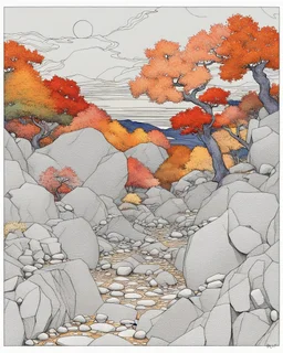 Autumn colors, peaceful, Egon Schiele, Max Ernst, night sky filled with galaxies and stars, rocks, trees, flowers, one-line drawing, sharp focus, 8k, deep 3d field, intricate, pastel colors, ornate, one million strokes, Vietnam, Japan