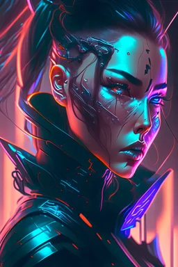 a cyberpunk woman warrior, Intense, Dark, Futuristic, Highly detailed, Digital painting, Artstation, Concept art, Dramatic Lighting, Sharp focus, Illustration, art by lois van baarle and rossdraws and artgerm and sakimichan, augmented reality, holographic interface